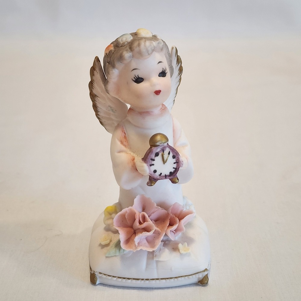 Vintage Napcoware Angel Figurine C6612 Porcelain‎ Cherub with Alarm Clock 3.5"